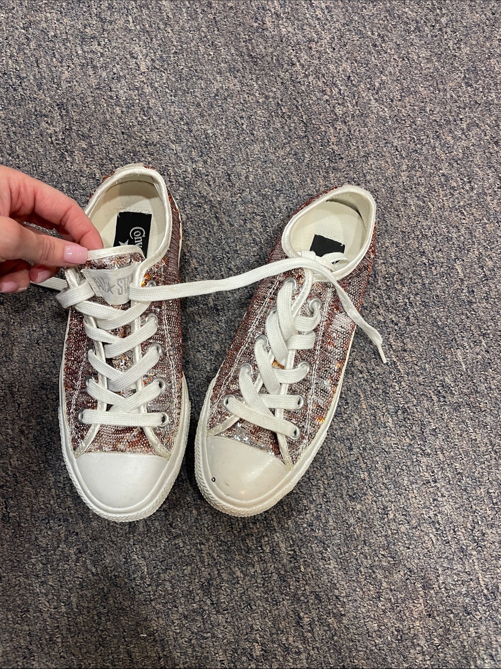 Converse Low-Top Glitter Sneakers in Rose Gold and White